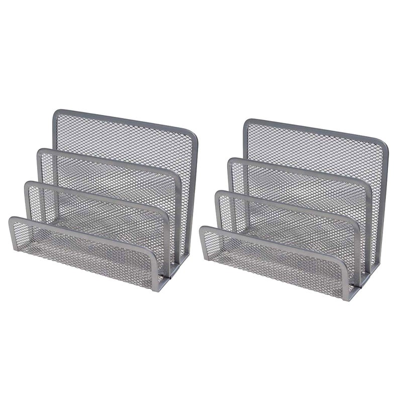 VANRA 2 Small Letter Sorters Desktop File Holder Organizer Metal Mesh with 3 Vertical Upright Compartments (2 Silver) - Image 1
